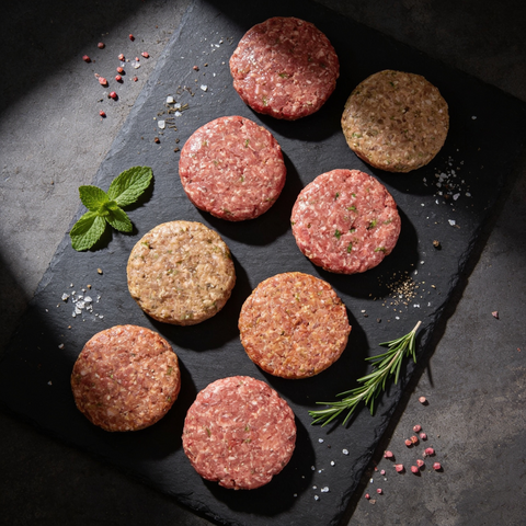 Handmade butcher's burgers on slate