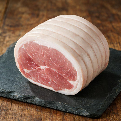 Dry Cured Gammon Joint - raw rolled British gammon joint on slate, Staffordshire Meats